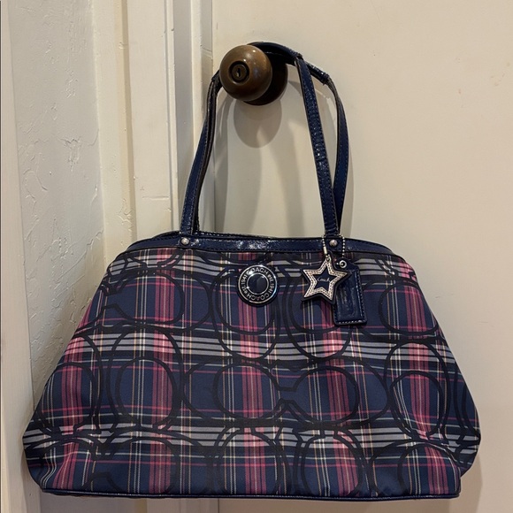 Coach Poppy Navy Tartan Carryall Satchel (With some wear on handles) - Picture 1 of 16